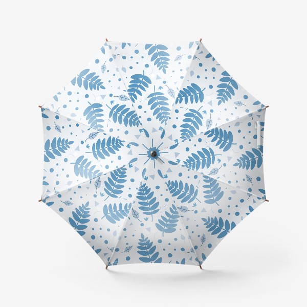 Зонт «Листья, веточки, кружочки, треугольники. Бело-голубой ботанический узор в скандинавском стиле»