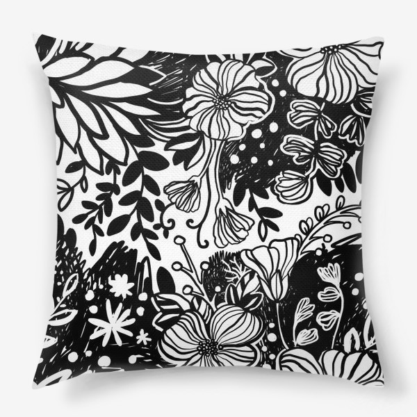 Подушка «Тропические цветы чёрные на белом 2»