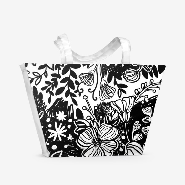 Пляжная сумка «Тропические цветы чёрные на белом 2»