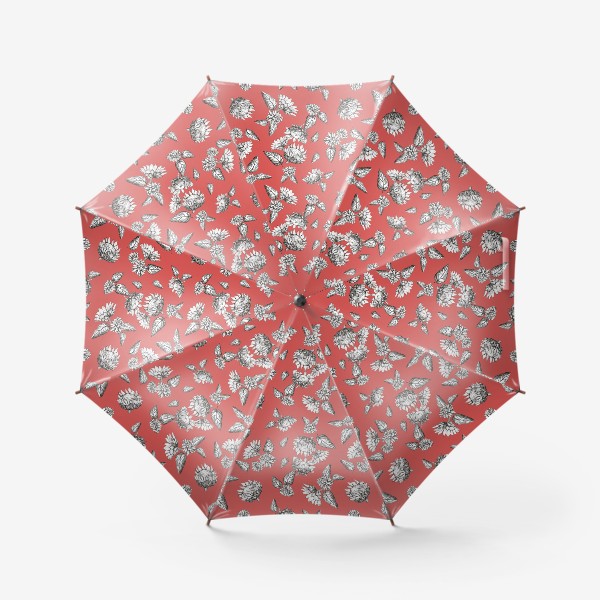 Зонт «Графичные чёрно-белые подсолнухи на коралловом»