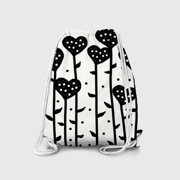 Рюкзак «Цветы сердца на длинных стеблях черные на белом фоне»