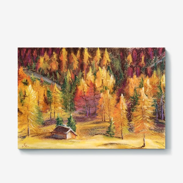 Холст &laquo;Осенний пейзаж Картина Еловый лес Лиственницы Пастель&raquo;