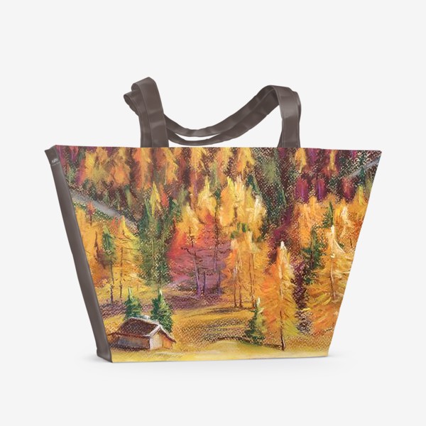 Пляжная сумка «Осенний пейзаж Картина Еловый лес Лиственницы Пастель»
