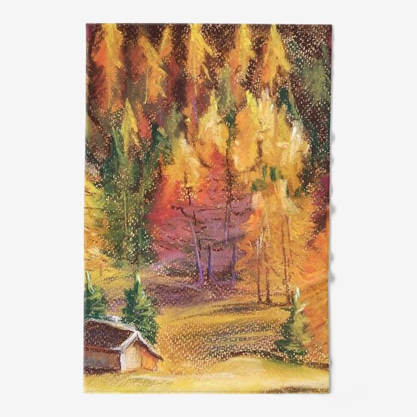 Полотенце «Осенний пейзаж Картина Еловый лес Лиственницы Пастель»