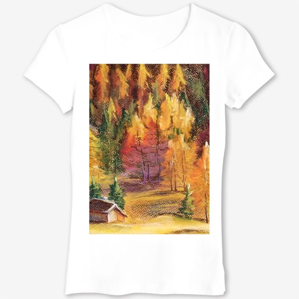 Футболка &laquo;Осенний пейзаж Картина Еловый лес Лиственницы Пастель&raquo;