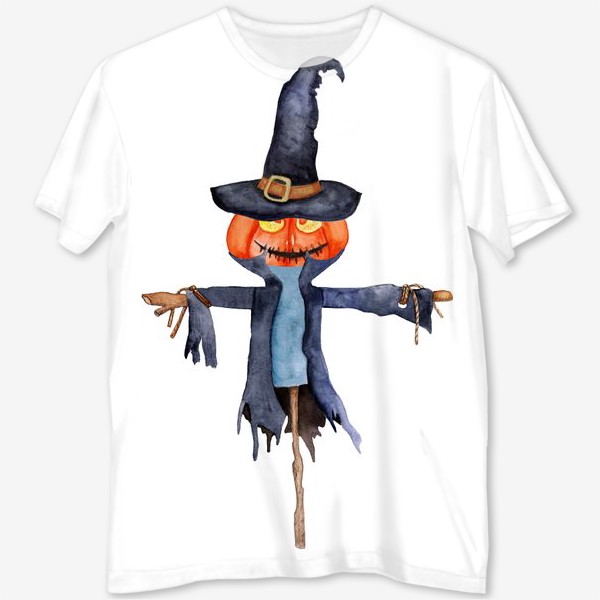 Футболка с полной запечаткой &laquo;Акварель пугало Halloween scarecrow. Pumpkin head.&raquo;