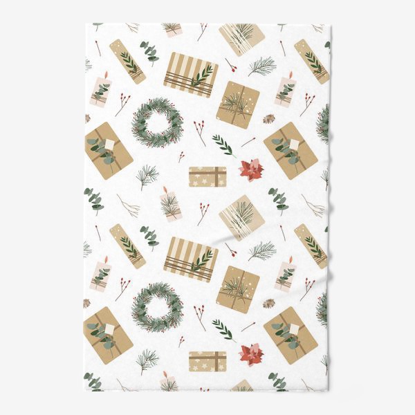 Полотенце «Новогодние подарки в крафт бумаге, рождественские венки. Зимний бесшовный паттерн»