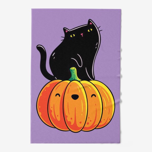 Полотенце &laquo;Кавайная Черная Кошка Сидит на Веселой Тыкве, Хэллоуин, Фиолетовый Фон&raquo;