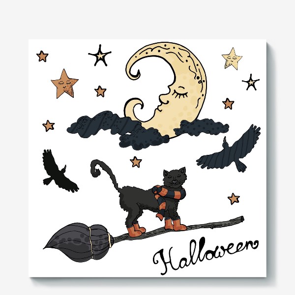 Холст «Черный кот на метле отмечает Хэллоуин»