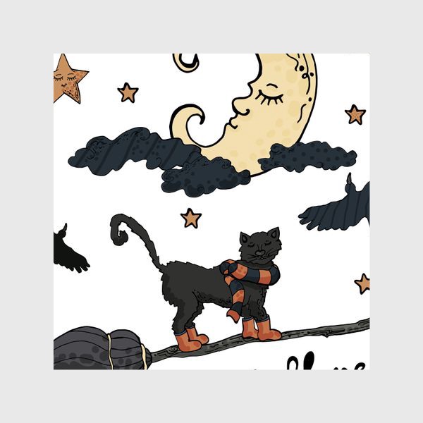 Шторы «Черный кот на метле отмечает Хэллоуин»