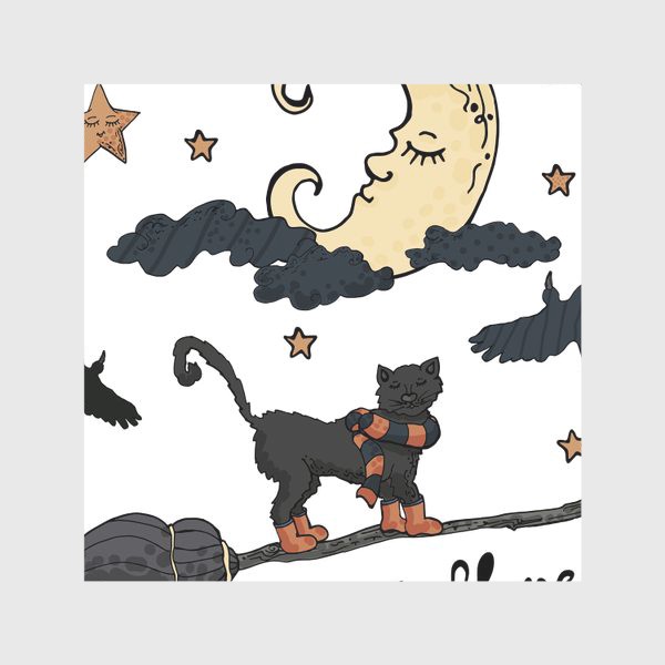 Скатерть «Черный кот на метле отмечает Хэллоуин»
