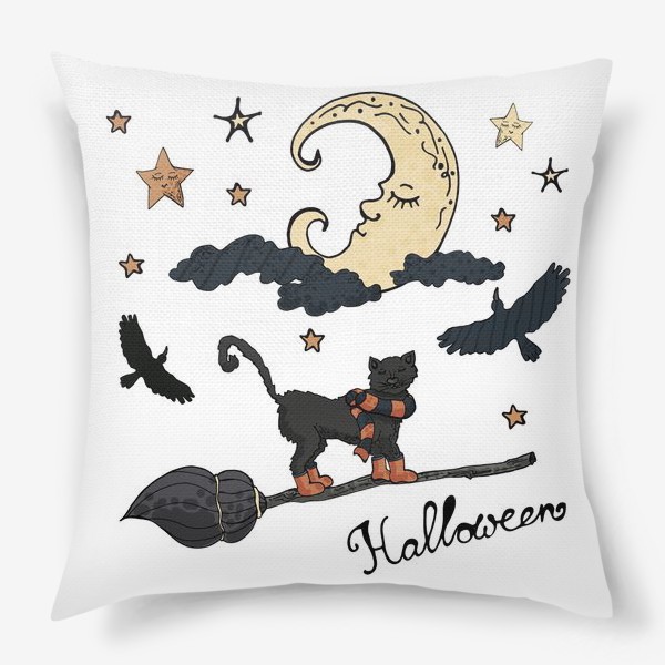Подушка «Черный кот на метле отмечает Хэллоуин»