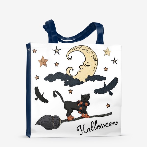 Сумка-шоппер &laquo;Черный кот на метле отмечает Хэллоуин&raquo;