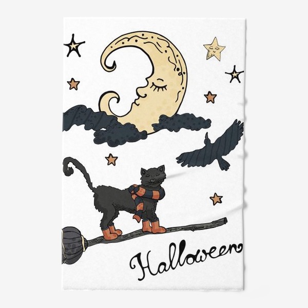 Полотенце &laquo;Черный кот на метле отмечает Хэллоуин&raquo;