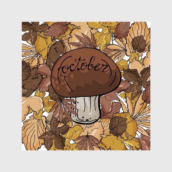 Шторы «Осенняя композиция с листвой, белым грибом и леттерингом»