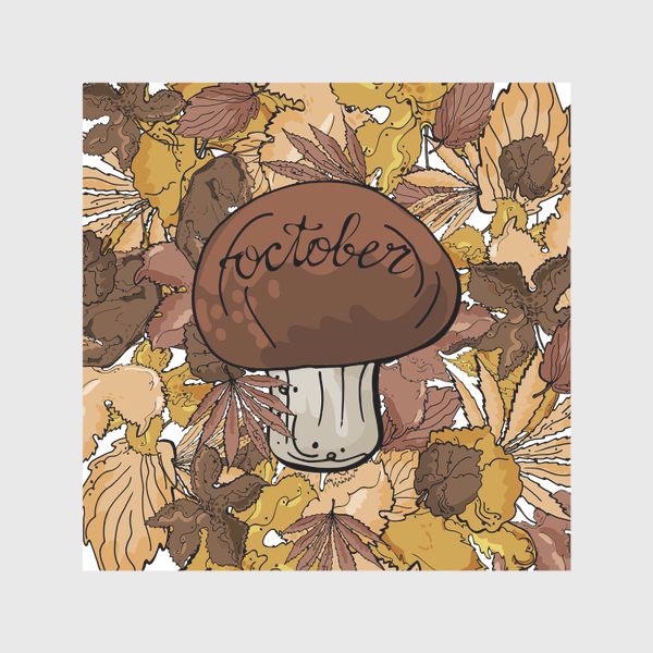 Скатерть «Осенняя композиция с листвой, белым грибом и леттерингом»