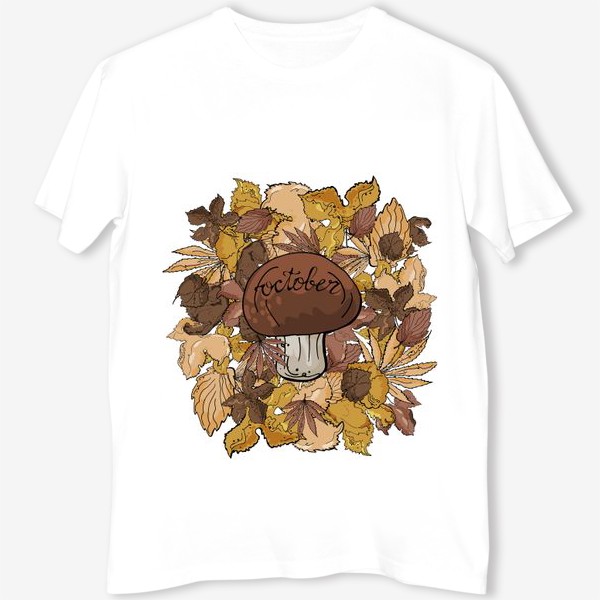 Футболка «Осенняя композиция с листвой, белым грибом и леттерингом»