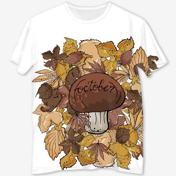 Футболка с полной запечаткой «Осенняя композиция с листвой, белым грибом и леттерингом»
