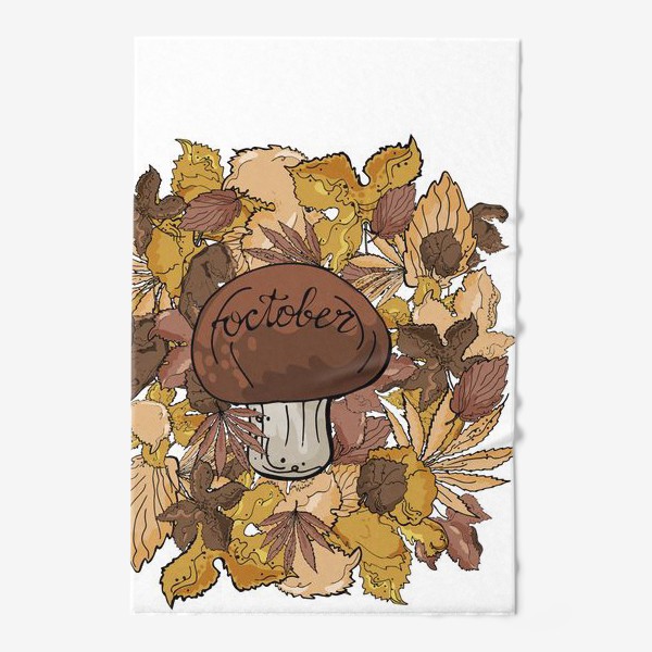 Полотенце «Осенняя композиция с листвой, белым грибом и леттерингом»