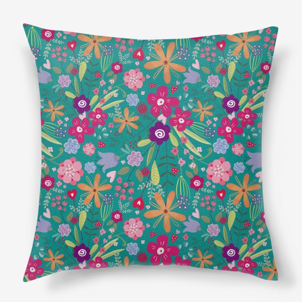 Подушка «милый цветочный узор с разноцветными маргаритками на бирюзовом фоне»