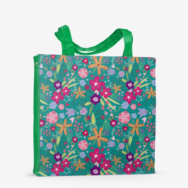 Сумка-шоппер «милый цветочный узор с разноцветными маргаритками на бирюзовом фоне»