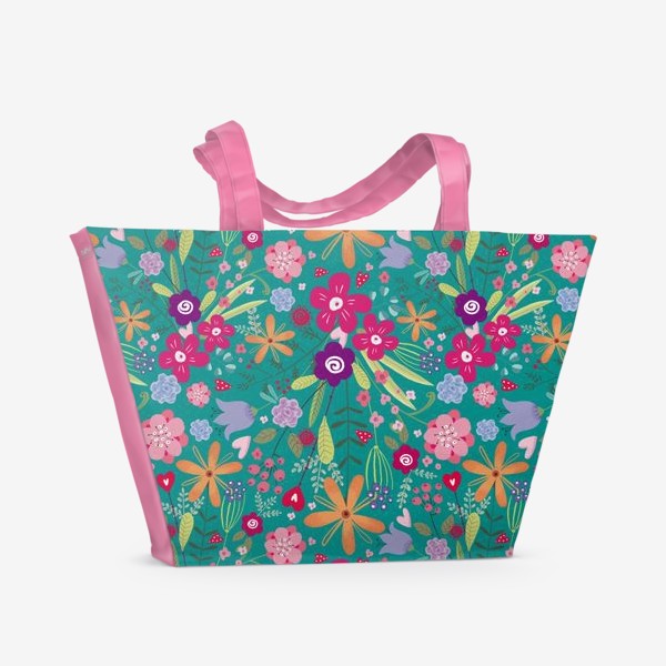 Пляжная сумка «милый цветочный узор с разноцветными маргаритками на бирюзовом фоне»