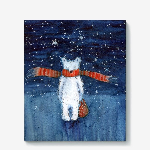 Холст «Белый медведь в красном шарфе. Зима. Акварель.»