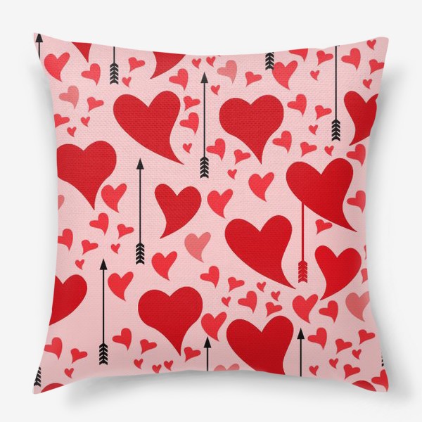 Подушка «Много красных сердец на нежно - розовом фоне»