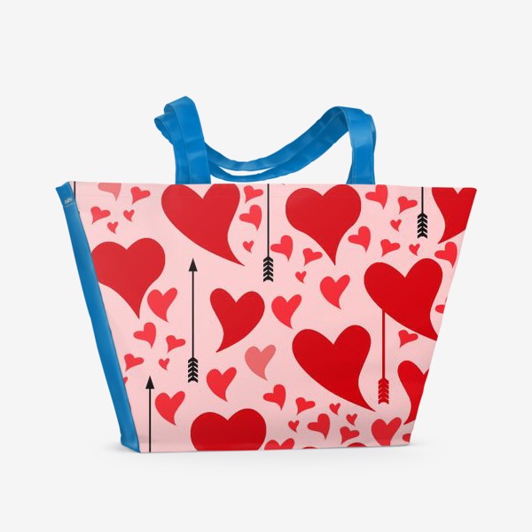 Пляжная сумка «Много красных сердец на нежно - розовом фоне»