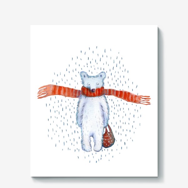 Холст «Белый медведь в красном шарфе. Зима. Акварель. Прозрачный фон.»