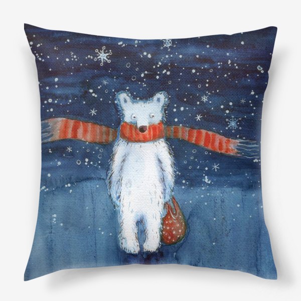 Подушка «Белый медведь в красном шарфе. Зима. Акварель.»