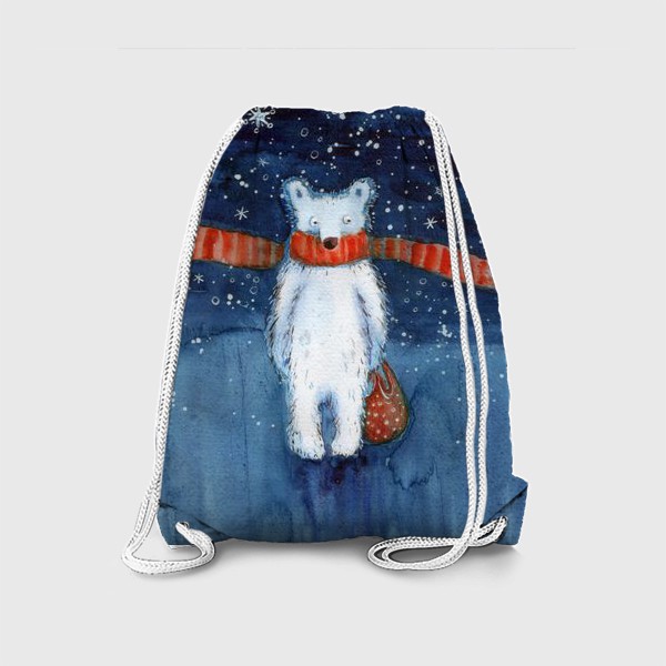 Рюкзак «Белый медведь в красном шарфе. Зима. Акварель.»