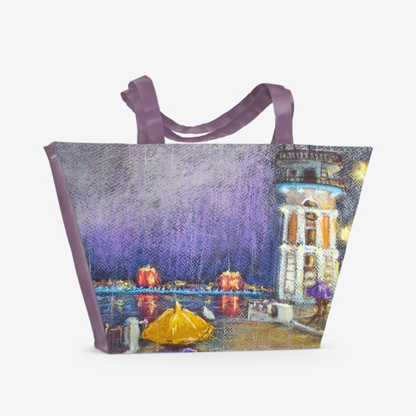 Пляжная сумка «Ночной город Осенний дождь Пейзаж с архитектурой Пастель»