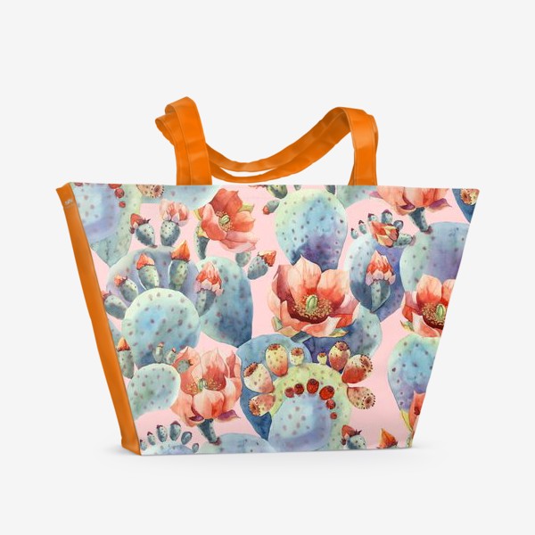 Пляжная сумка &laquo;Цветущие кактусы на розовом фоне&raquo;
