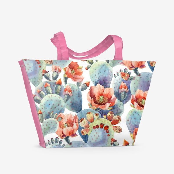 Пляжная сумка «Цветущие кактусы на белом фоне»