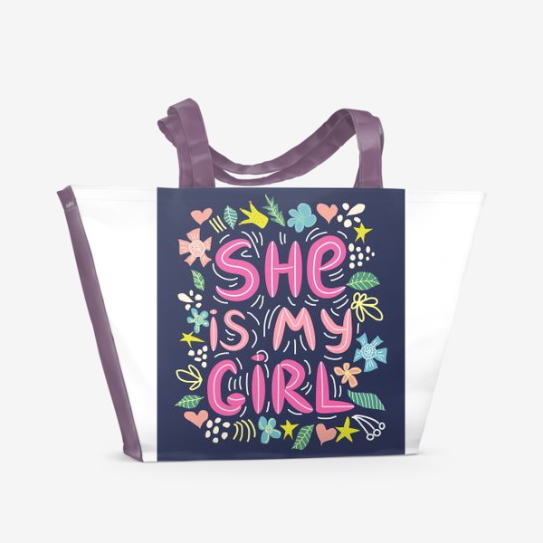 Пляжная сумка &laquo;Леттеринг "Она моя девочка" в сердечках и цветах на темном фоне&raquo;