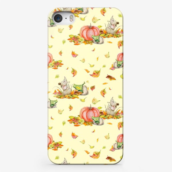 Чехол iPhone « Мышка, тыквы, листопад на желтом фоне»