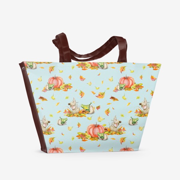 Пляжная сумка « Мышка, тыквы, листопад на голубом фоне»