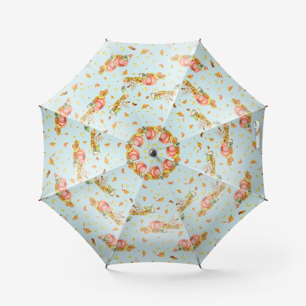 Зонт « Мышка, тыквы, листопад на голубом фоне»