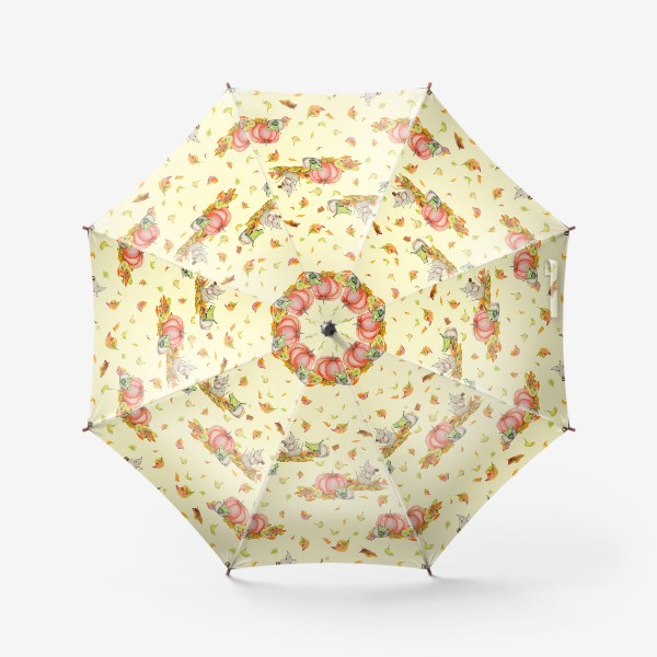Зонт « Мышка, тыквы, листопад на желтом фоне»