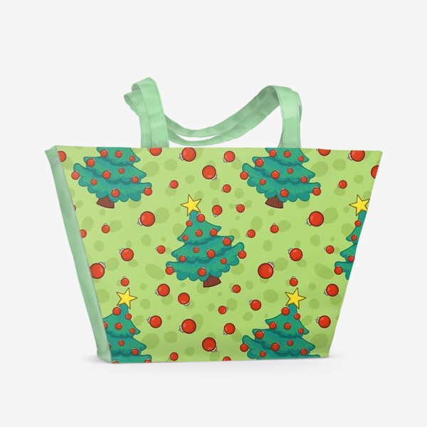 Пляжная сумка «узор с новогодними елочками на зеленом фоне»