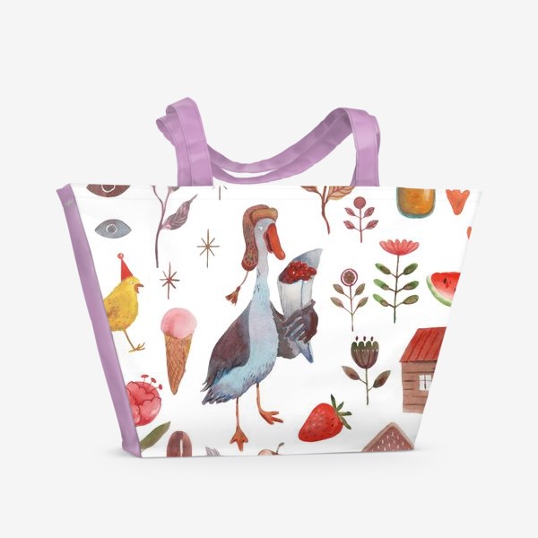 Пляжная сумка «Гусь в шапке, цыпленок, листья, цветы и так далее. Акварель.»