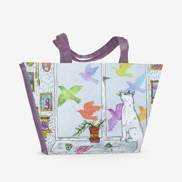 Пляжная сумка «Белый кот и разноцветные птицы»