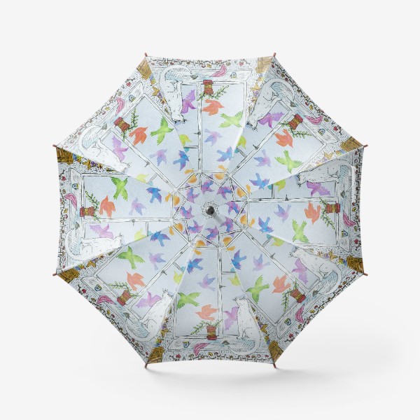 Зонт «Белый кот и разноцветные птицы»