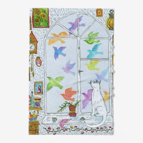 Полотенце «Белый кот и разноцветные птицы»