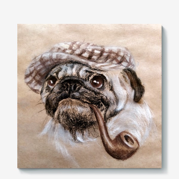 Холст «Собака мопс портрет с трубкой и в кепке сыщик»