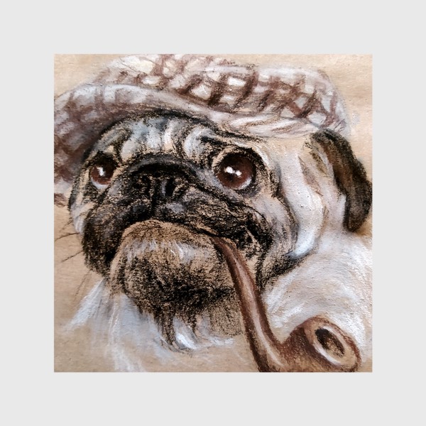 Шторы &laquo;Собака мопс портрет с трубкой и в кепке сыщик&raquo;