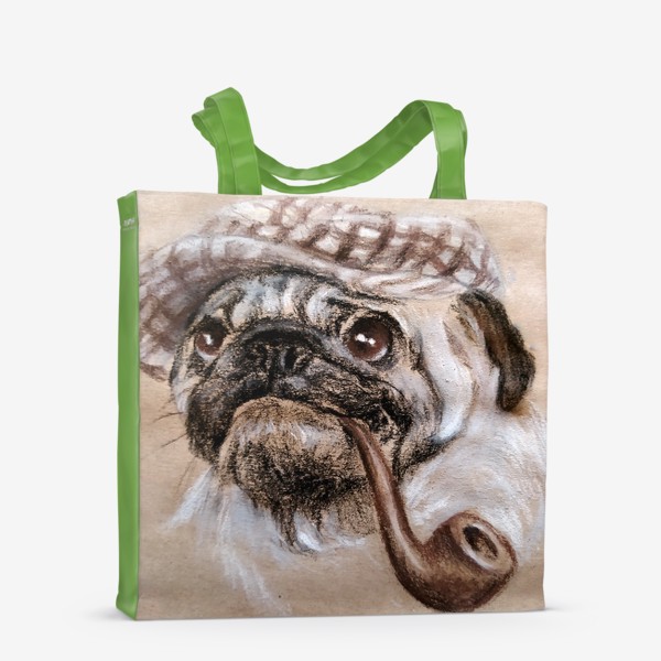 Сумка-шоппер «Собака мопс портрет с трубкой и в кепке сыщик»