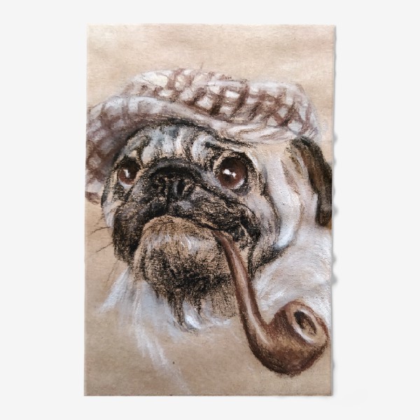Полотенце «Собака мопс портрет с трубкой и в кепке сыщик»