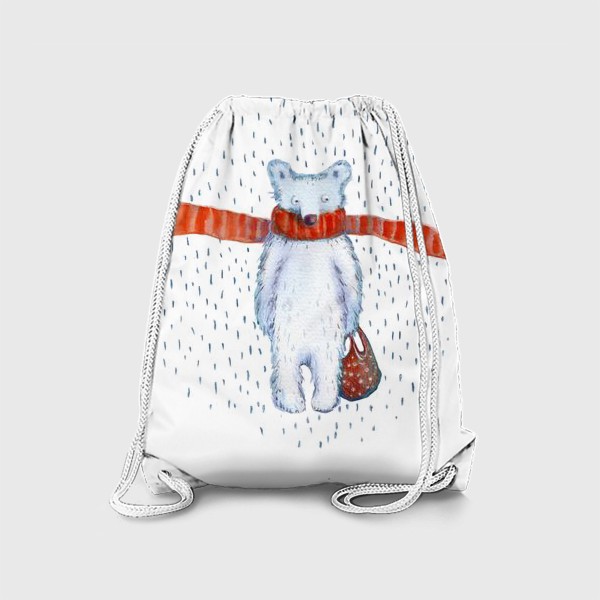 Рюкзак «Белый медведь в красном шарфе. Зима. Акварель. Прозрачный фон.»